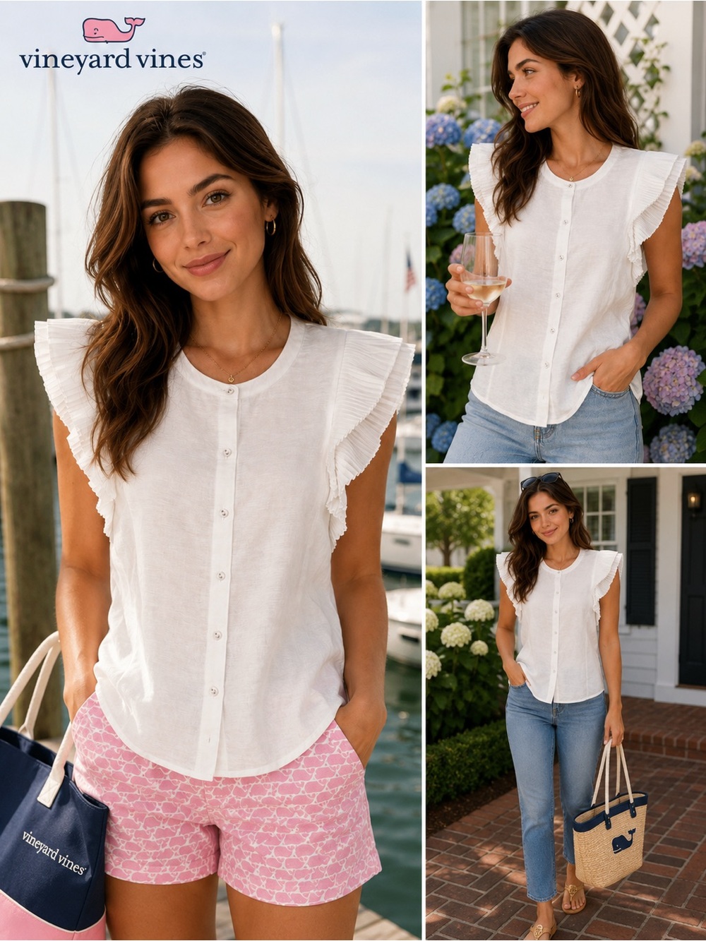 Vineyard Vines White Ruffle Sleeve Button-Front Blouse- NWT